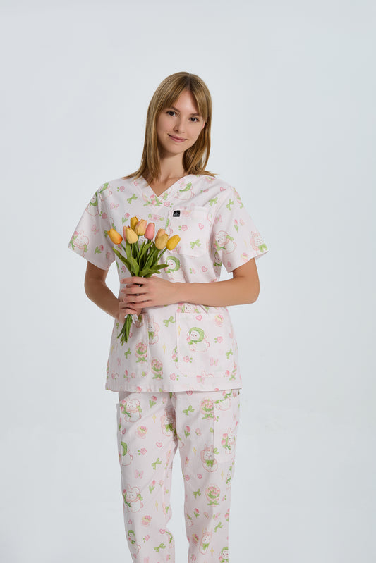 Ballet Pink Tulip Bunny Scrub Top