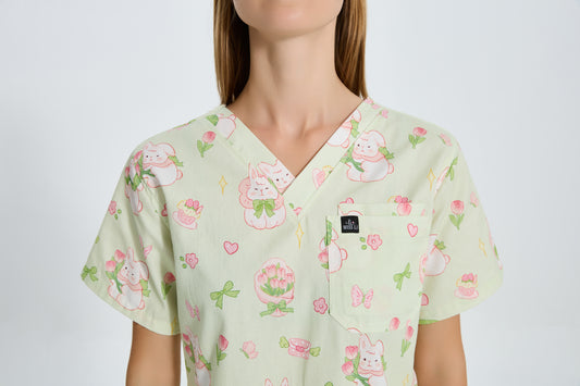 Matcha Cream Tulip Bunny Scrub Top