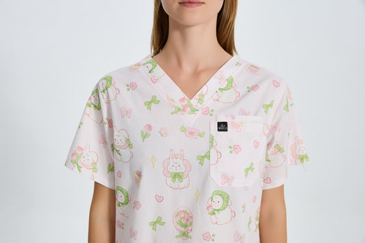 Ballet Pink Tulip Bunny Scrub Top