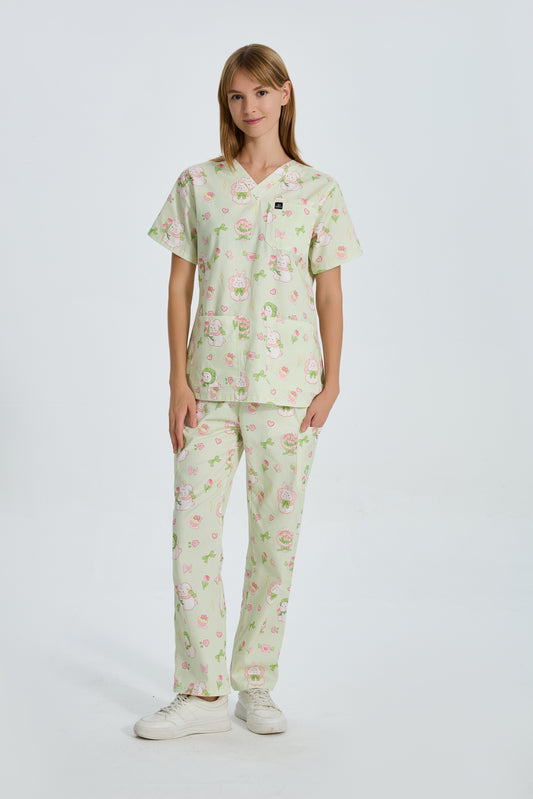 Matcha Cream Tulip Bunny Scrub Top