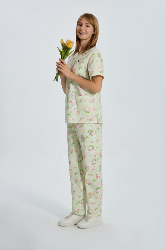 Matcha Cream Tulip Bunny Scrub Pant
